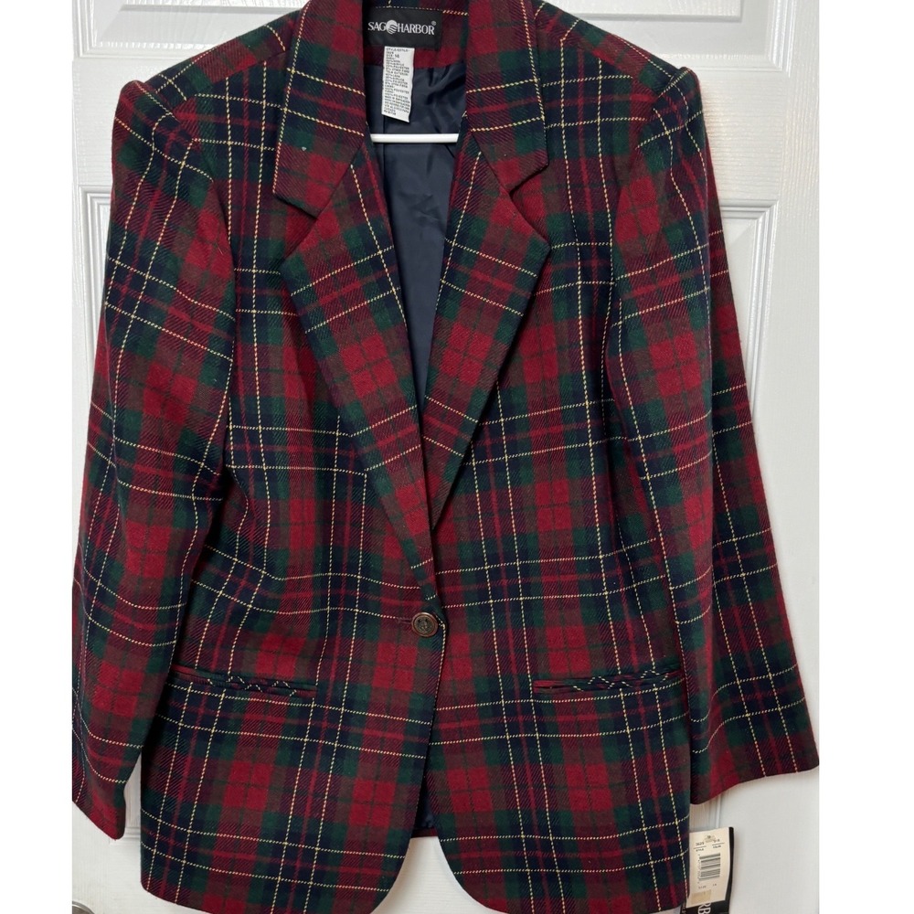 Sag Harbor Red Green Plaid Wool Blend Blazer Jacket Vintage NWT Size 14